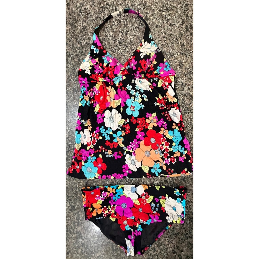 Vintage Sea Lure JCPenney Floral Halter SwimTop Black Multi Psychedelic Retro 12